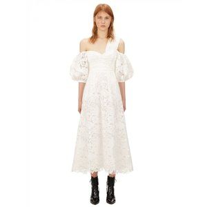 Self-Portrait Puff Sleeve Leaf Guipure Midi Dress